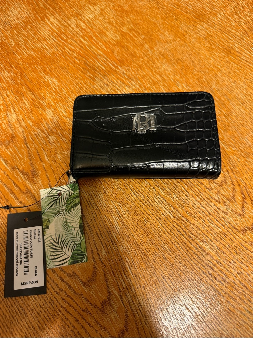 Badgley Mischka Black Croc-Embossed Zip Card & Key Holder with Silver Logo